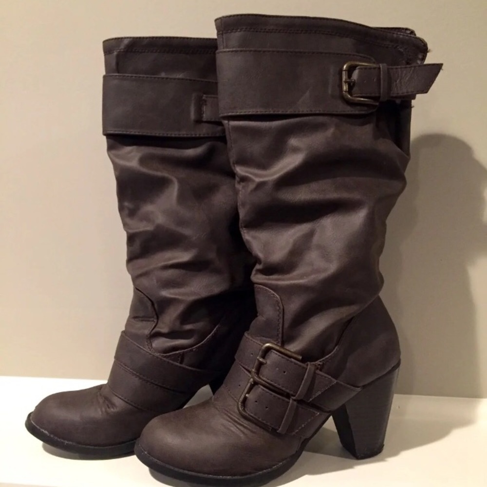 Taupe mid calf boots with buckles. Size 6